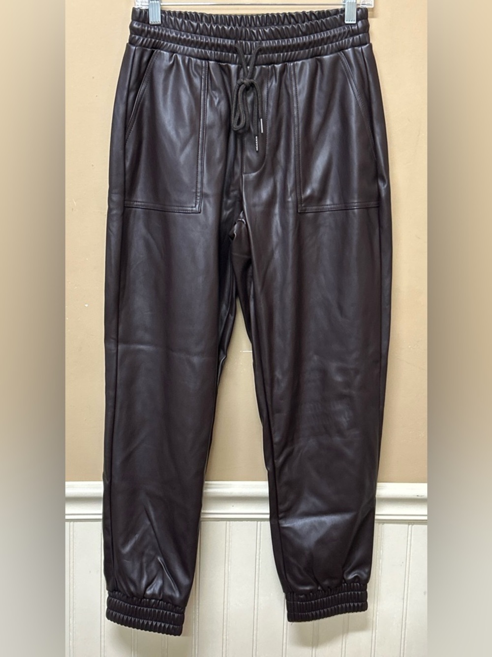 BCBGeneration Faux Leather Joggers Brown Mocha Drawstring Pants Size Small NWT
